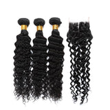 Bundle Deals With Closure Deep Curly Virgin Human Hair Natural Black